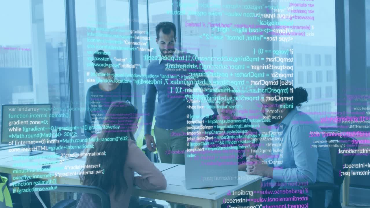 Team opening laptop and reviewing code, animated code overlays guiding alignment