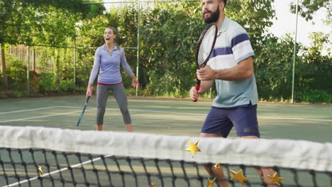 male player gripping racket, female player positioning on tennis court with animated sports chart