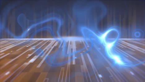 Animation of glowing blue vapour over moving brown and grey lines and dark background
