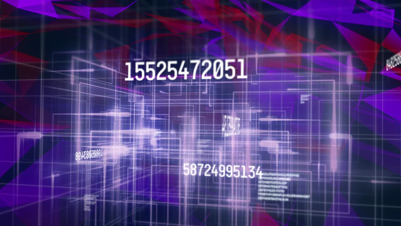 Animation of numbers and data processing over purple and red network of connections