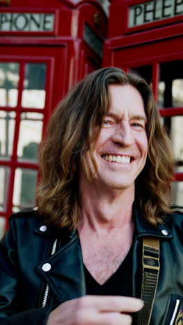 man with guitar in front of london telephone boxes
