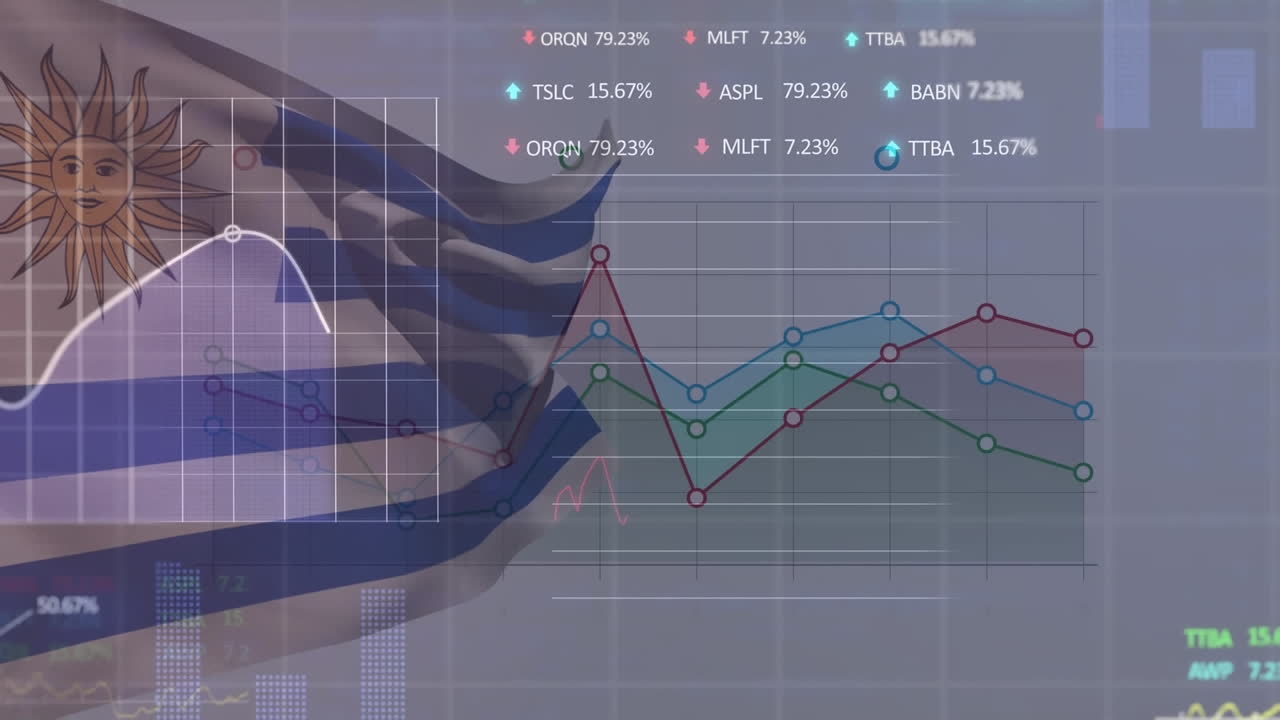 하늘에 아르헨티나의 발을 흔들고 있는 여러 그래프와 거래 보드의 애니메이션