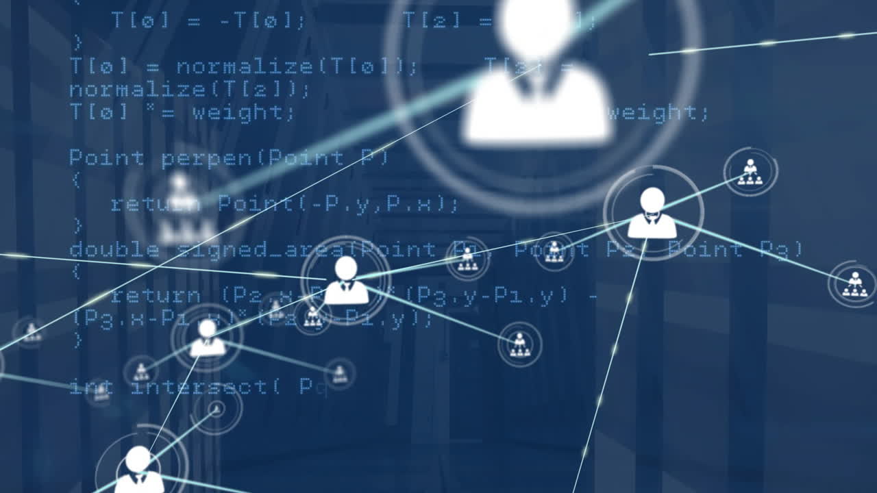 파란색 배경에 아이콘과 데이터 처리를 가진 연결 네트워크의 애니메이션