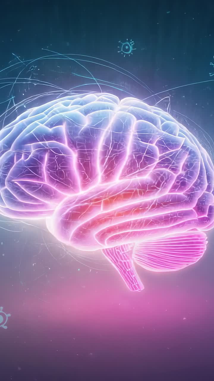 Video verticale: gradiente iniziale che cambia il rendering in 3D del cervello pulsante e che forma una rete di nodi nello spazio digitale