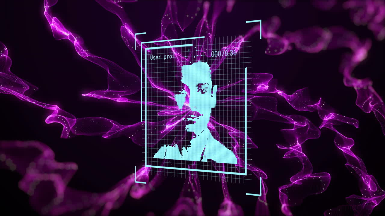 Animation of data processing with people icons and purple shapes on black background