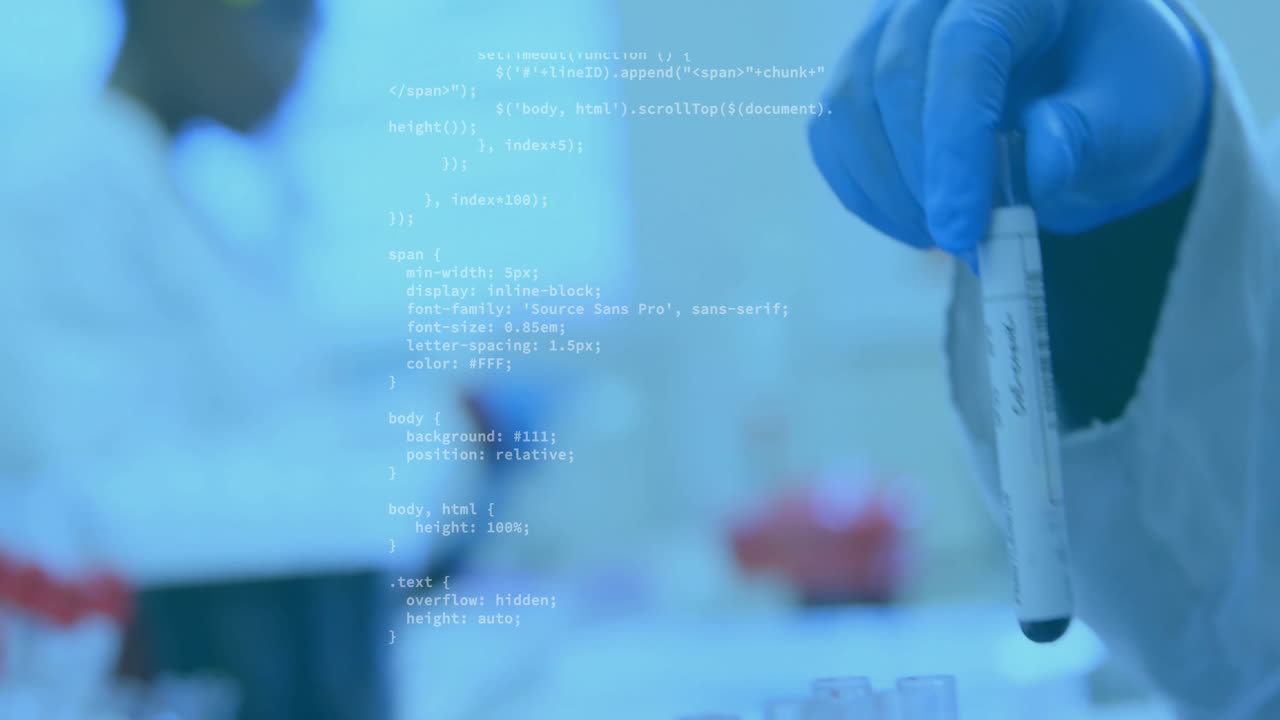 Animation of data processing over diverse scientists doing experiments in lab