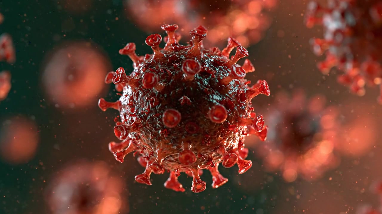 Animazione 3D di particelle di Coronavirus SARS-CoV-2 che fluttuano nello spazio microscopico