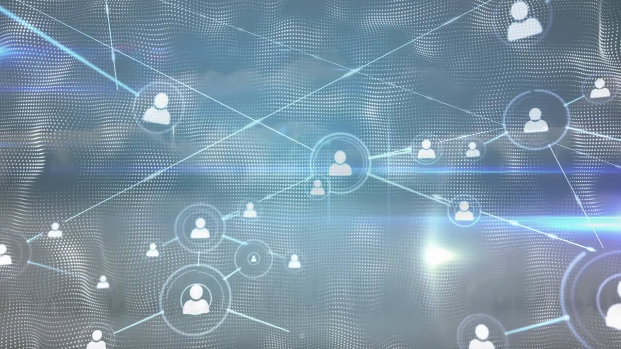 animación de la red de conexiones y nubes sobre fondo azul con luces