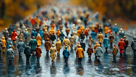 miniature figures walking along a colorful autumn street scene