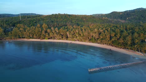 wooden walkway gorgeous aerial top view flight natural beach bay thailand, wood pier golden hour, lagoon koh kood 2022