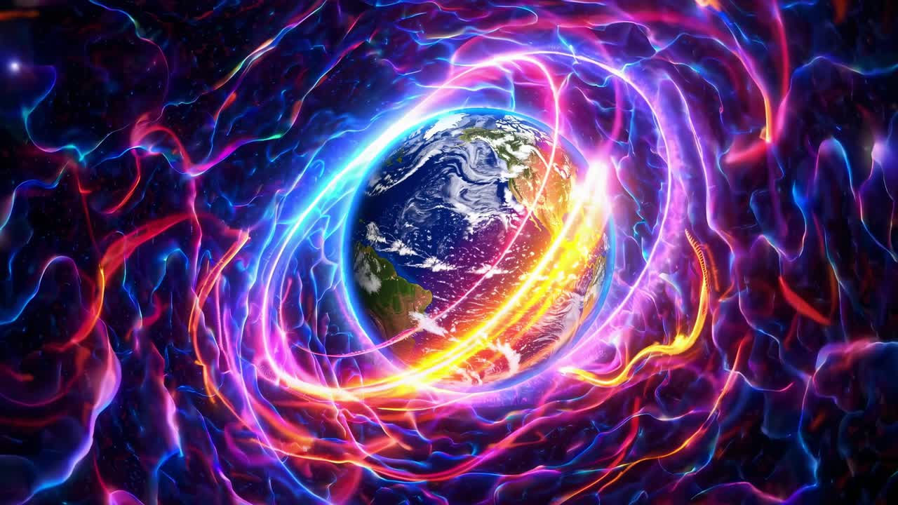 Cosmic energy swirling in vibrant streams, enveloping planetary surface with luminous glow against dark, expansive astronomical background, revealing intricate layers of celestial dynamism