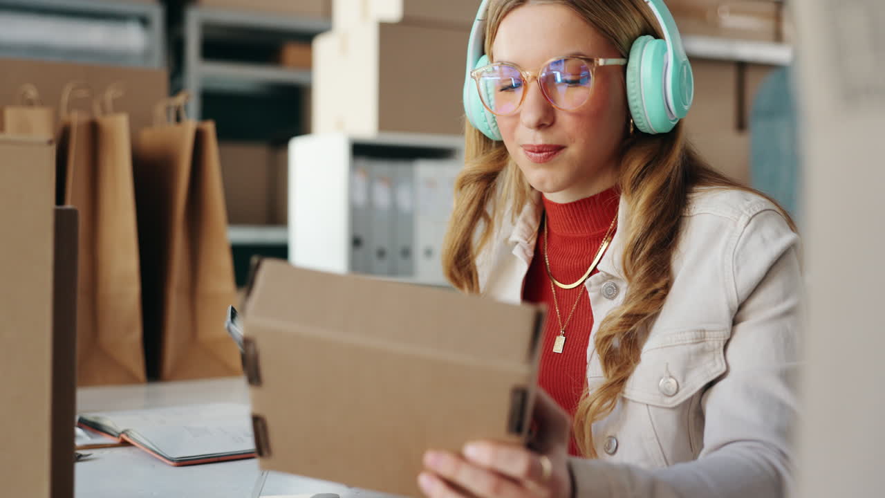 Woman with headphones packaging boxes for small business