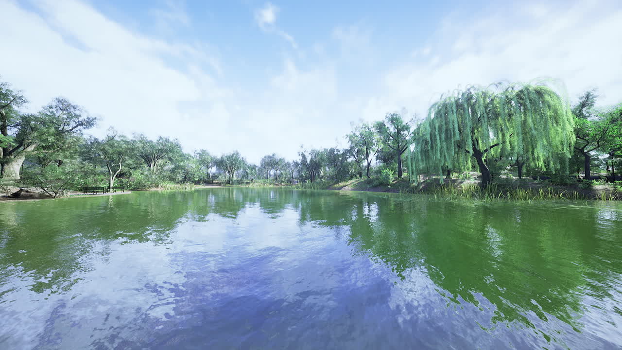 Scenic lakeside view with lush greenery and clear skies during daytime