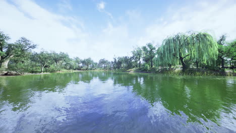 scenic lakeside view with lush greenery and clear skies during daytime