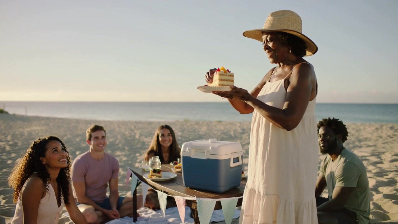 Approaching woman in straw hat and sundress holding cake for beach picnic with cooler, copy space