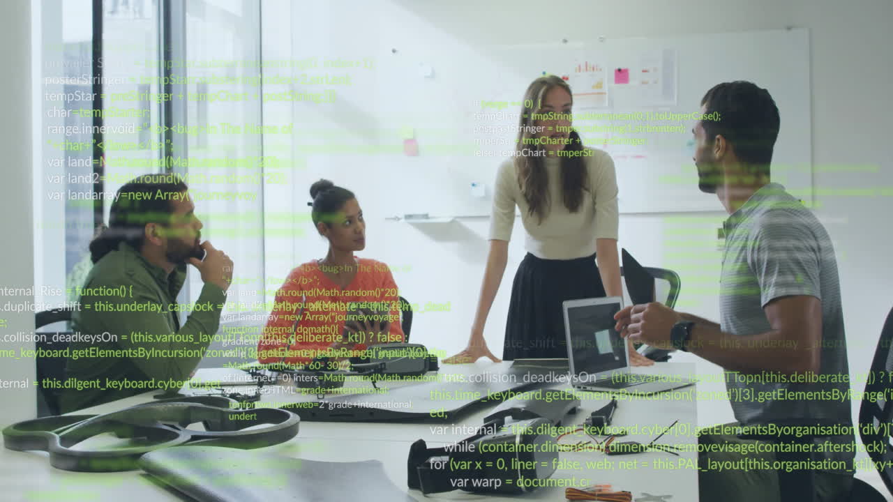 Diverse team collaborating in office with programming code overlay animation