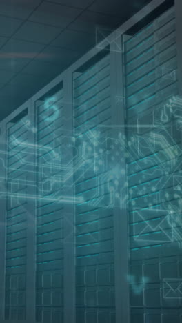 animation of cyber attack warning text, envelopes and numbers processing over computer servers