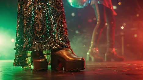 a stunning showcase of fashionable stage footwear: a glimpse into eye-catching high heels and vibrant designs illuminating the performance environment
