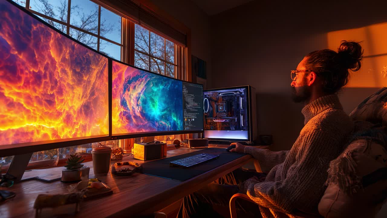 A Cozy Gaming Atmosphere: Exploring the Creative Harmony of Dual Monitors and a Gamer during a Beautiful Sunset in a Modern Workspace