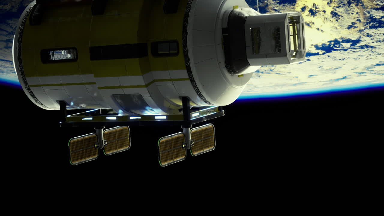 Space habitat exploring earth from orbit during a clear daytime view