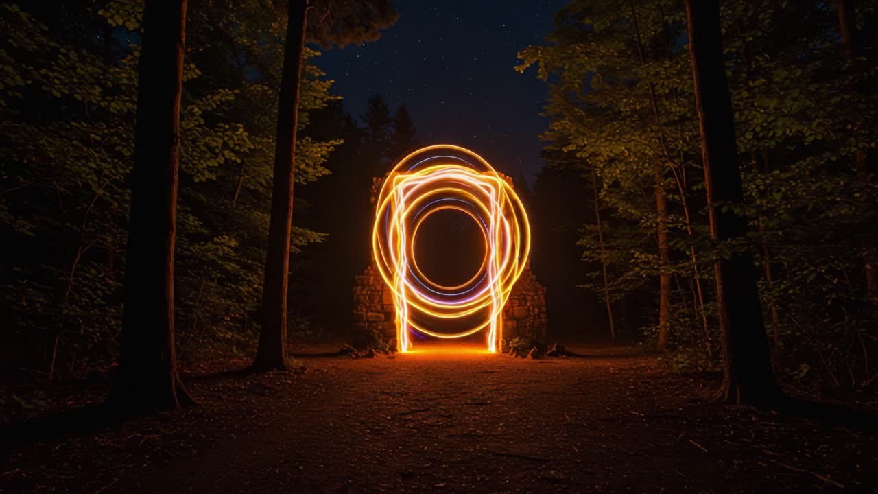 A Mesmerizing Glimpse Through an Enigmatic Portal: Capturing the Ethereal Glow of Light Trails in a Pine Forest Under the Starry Night Sky