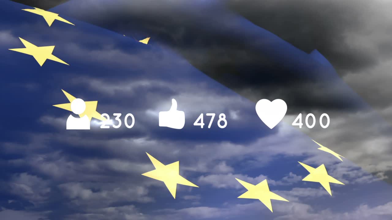 숫자와 유럽 연합의 구름과  ⁇ 발 위의 아이콘과는 달리 음성 거품의 애니메이션