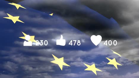 Animation-of-speech-bubble-with-numbers-and-unlike-icon-over-clouds-and-flag-of-european-union