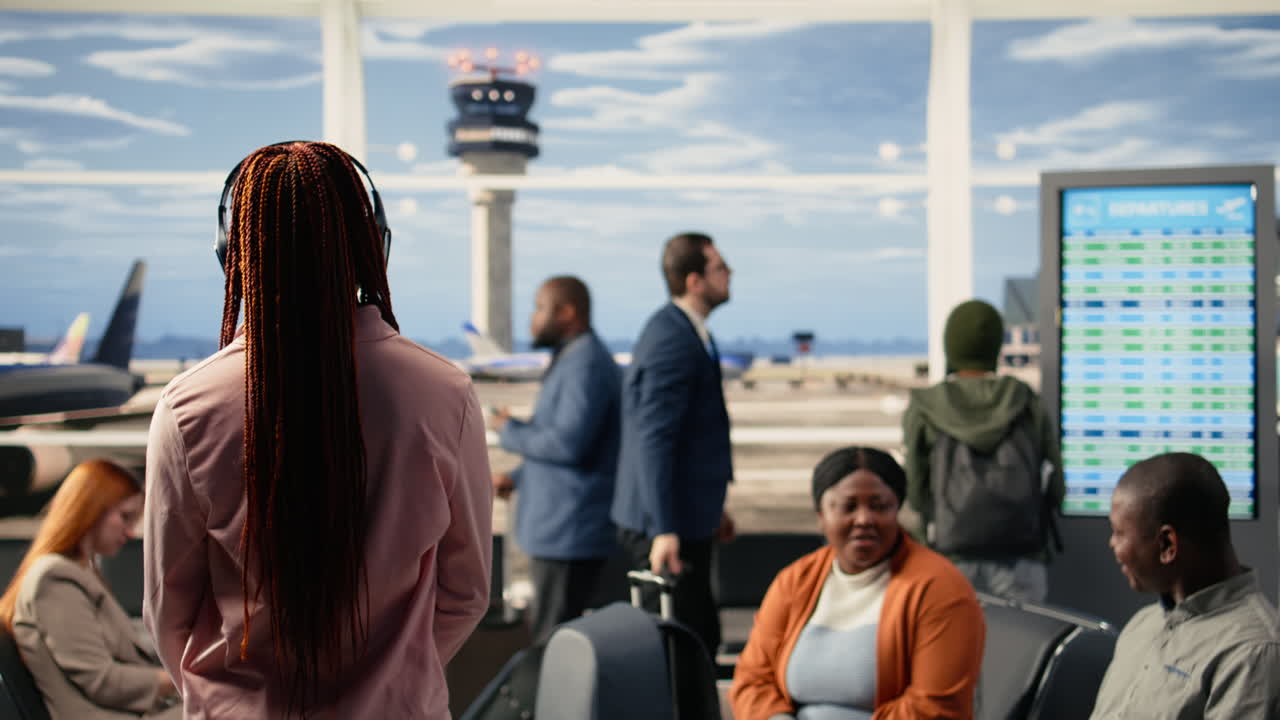 African american teenager with audio headset waiting for international flight