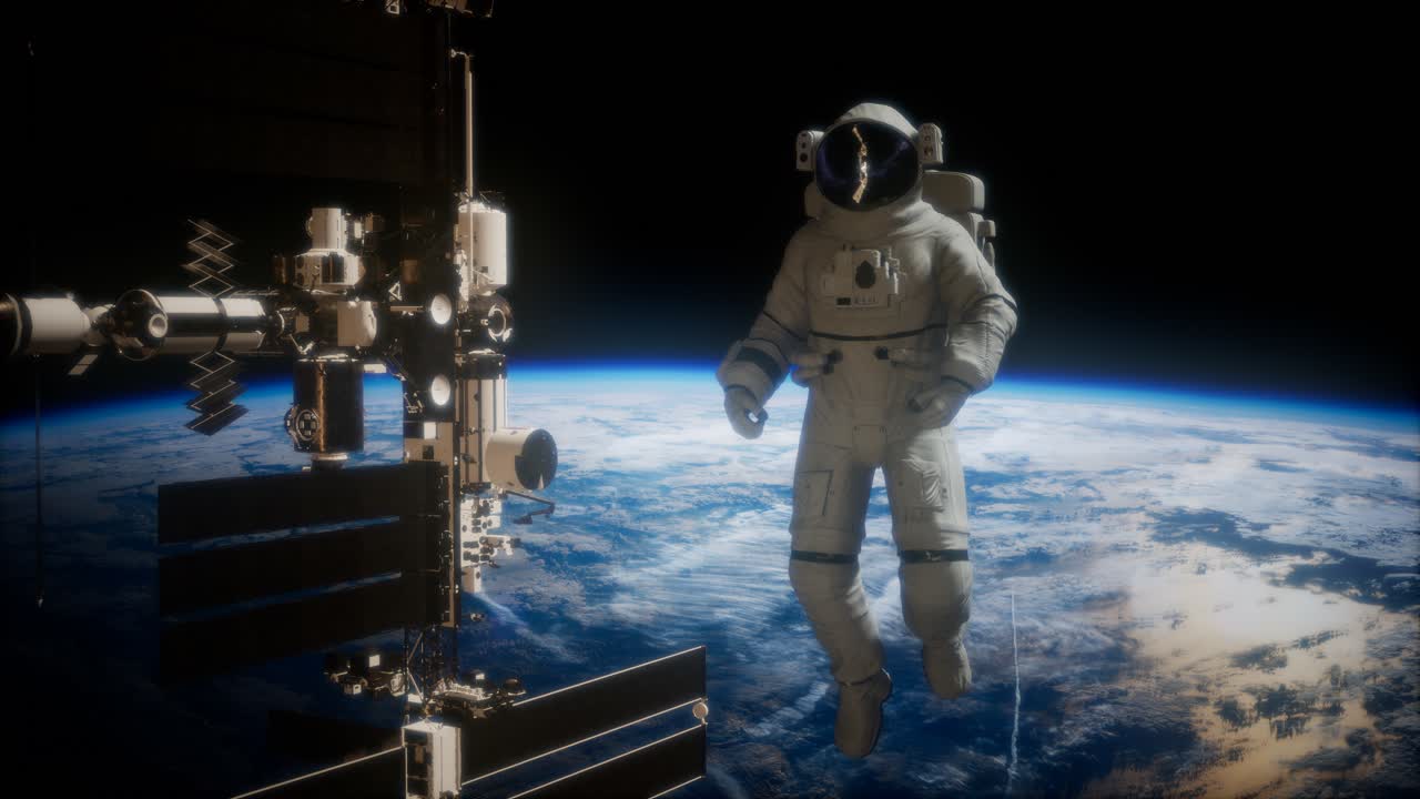 Internationella rymdstationen och astronaut i yttre rymden över planeten jorden