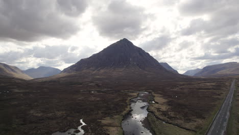 aerial of iconic scottish mountain peak the buachaille in the beautiful highlands of scotland