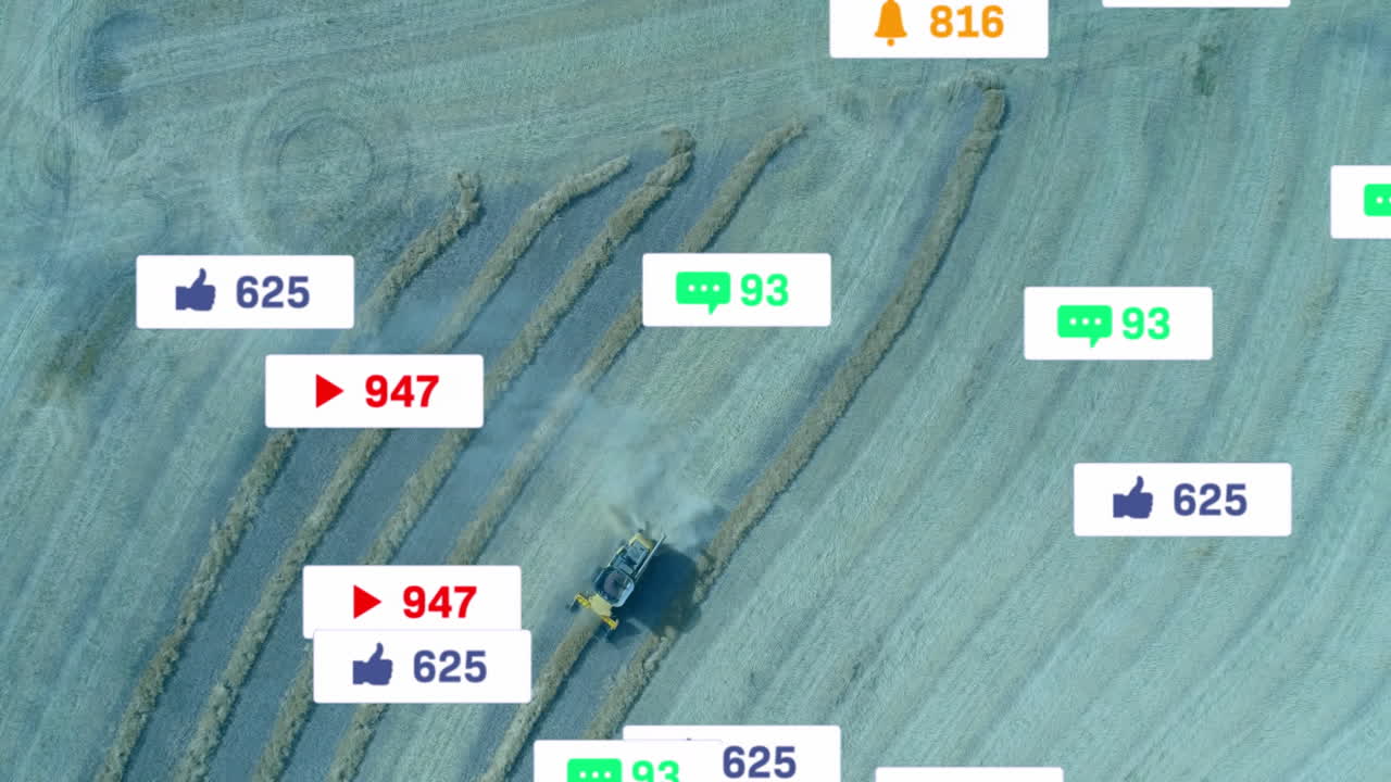 Combine harvester kicking dust while social media icons floating above crop rows in flat design