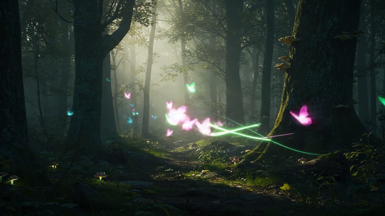 A Magical Journey Through Enchanted Forests with Colorful Butterflies and Glowing Trails of Light in a Mystical Atmosphere of Wonder and Serenity