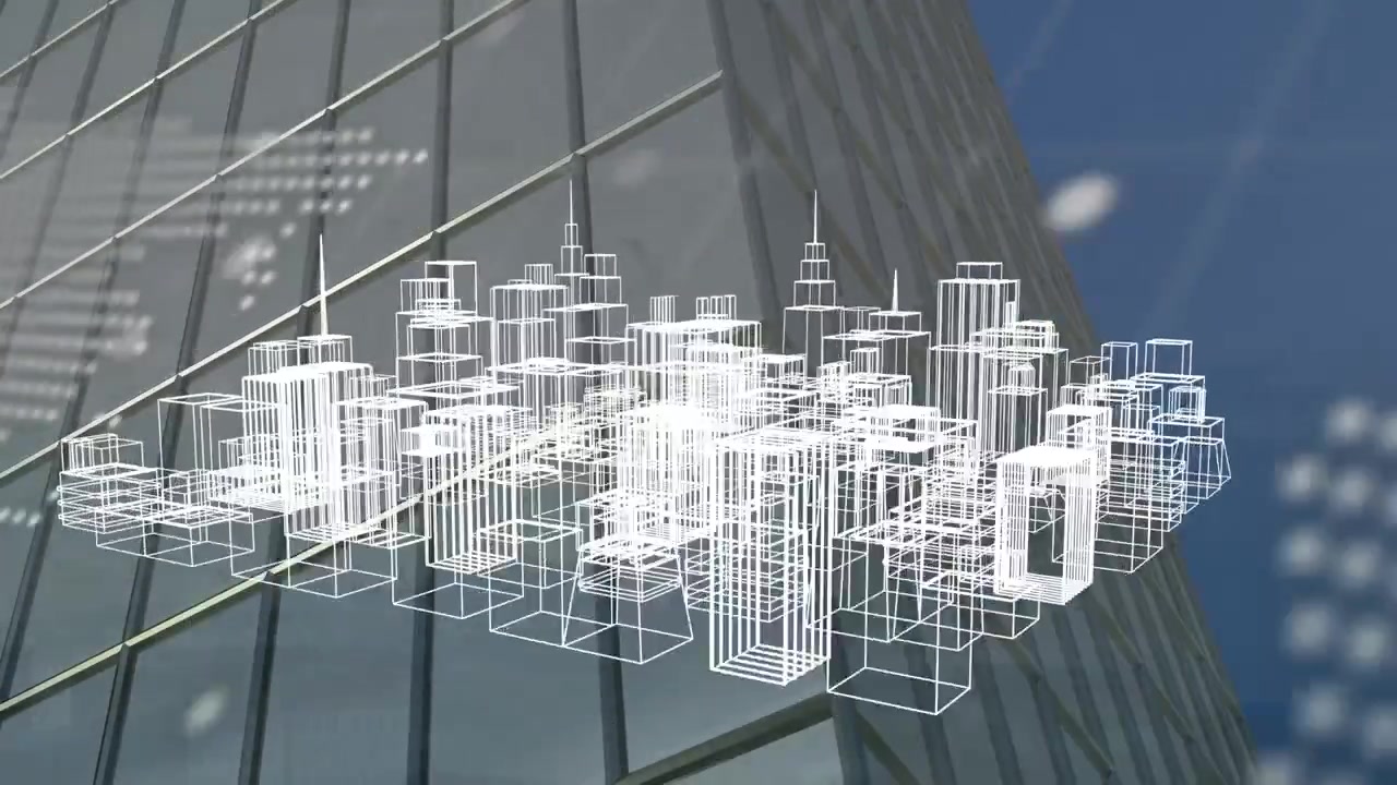 Animation of digital city over cityscape