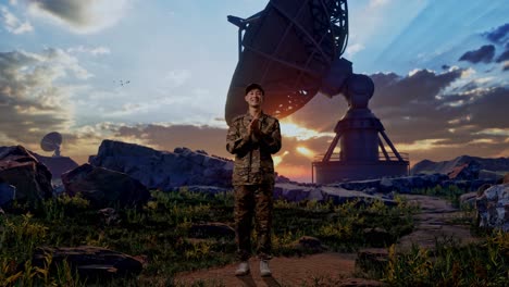 full body of asian man soldier smiling and clapping his hands while standing with satellite dish