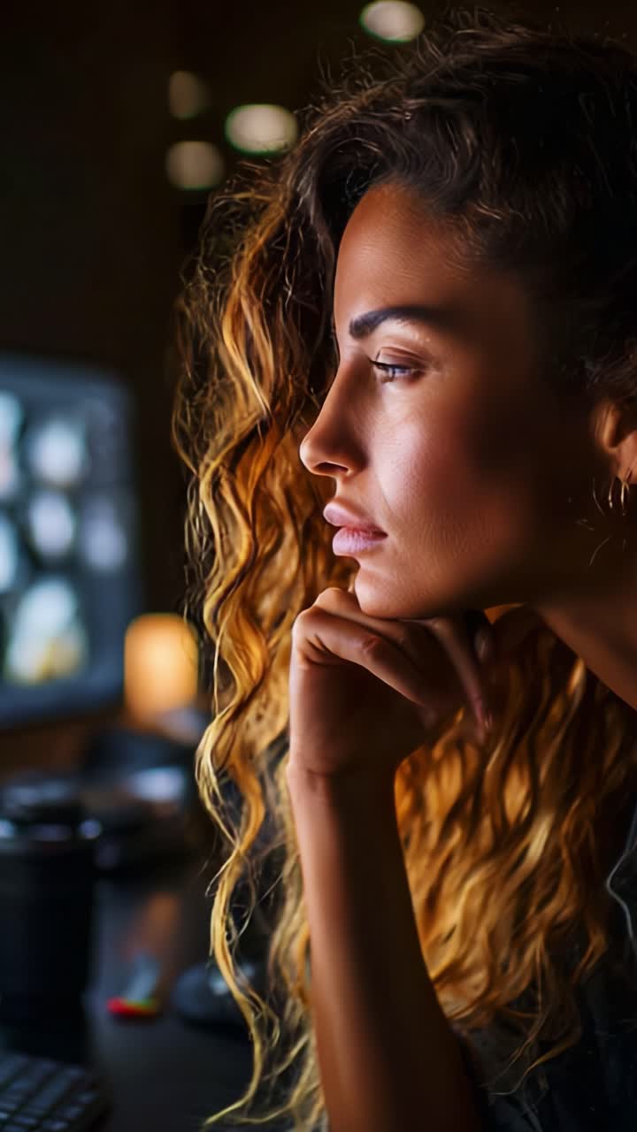 A Thoughtful Moment: Capturing Introspection and Curiosity in a Young Woman's Portrait Amidst a Dimly Lit Environment with a Computer Screen Glow