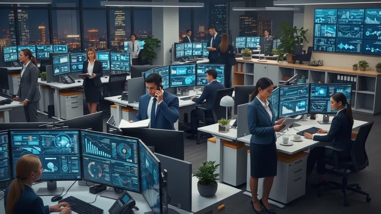 A Dynamic Office Environment Featuring Professionals Engaged in Data Analysis and Collaborative Work Amidst High-Tech Workstations and City Views