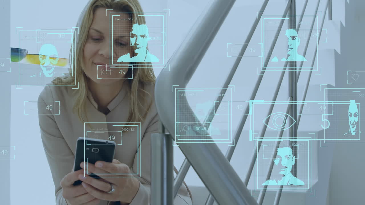 animación de la interfaz digital sobre las mujeres caucásicas que usan teléfonos inteligentes