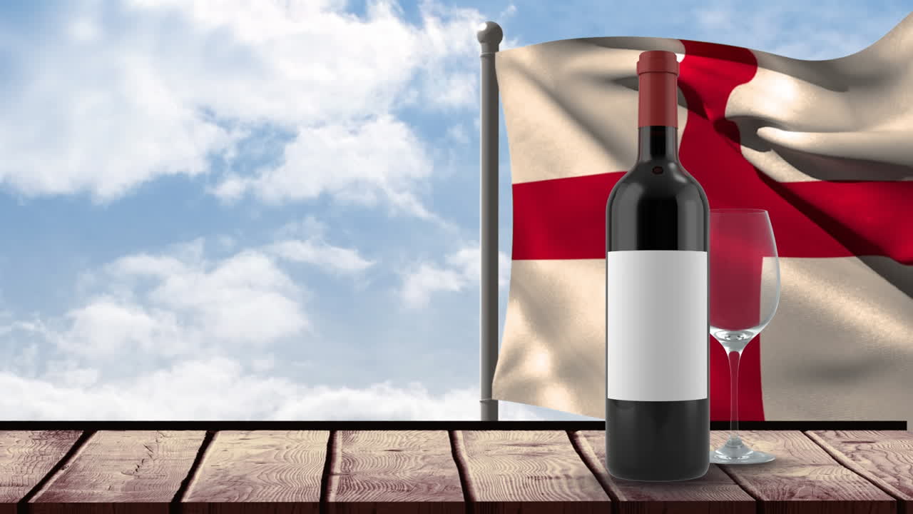 Animation of bottle of red wine, glass and flag of england waving over background with clouds