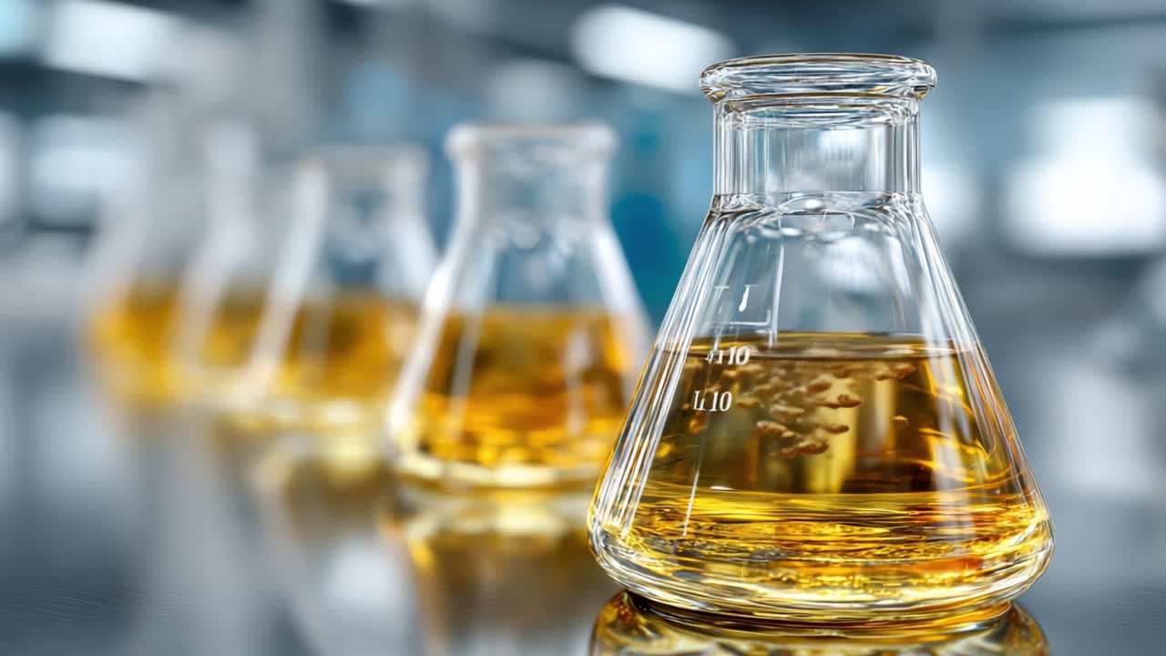 Utforsker kjemivitenskapen: Et nærbilde av laboratoriekolber fylt med væske, som fanger skjønnheten i vitenskapelig eksperimentering og innovasjon.