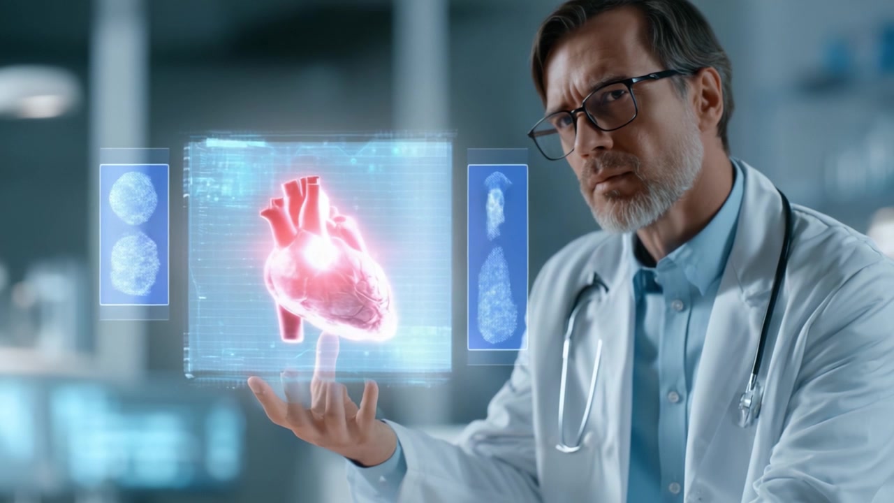 Sundhedsprofessionel analyserer hjertesundhed gennem avanceret holografisk billedteknologi i et moderne laboratoriemiljø