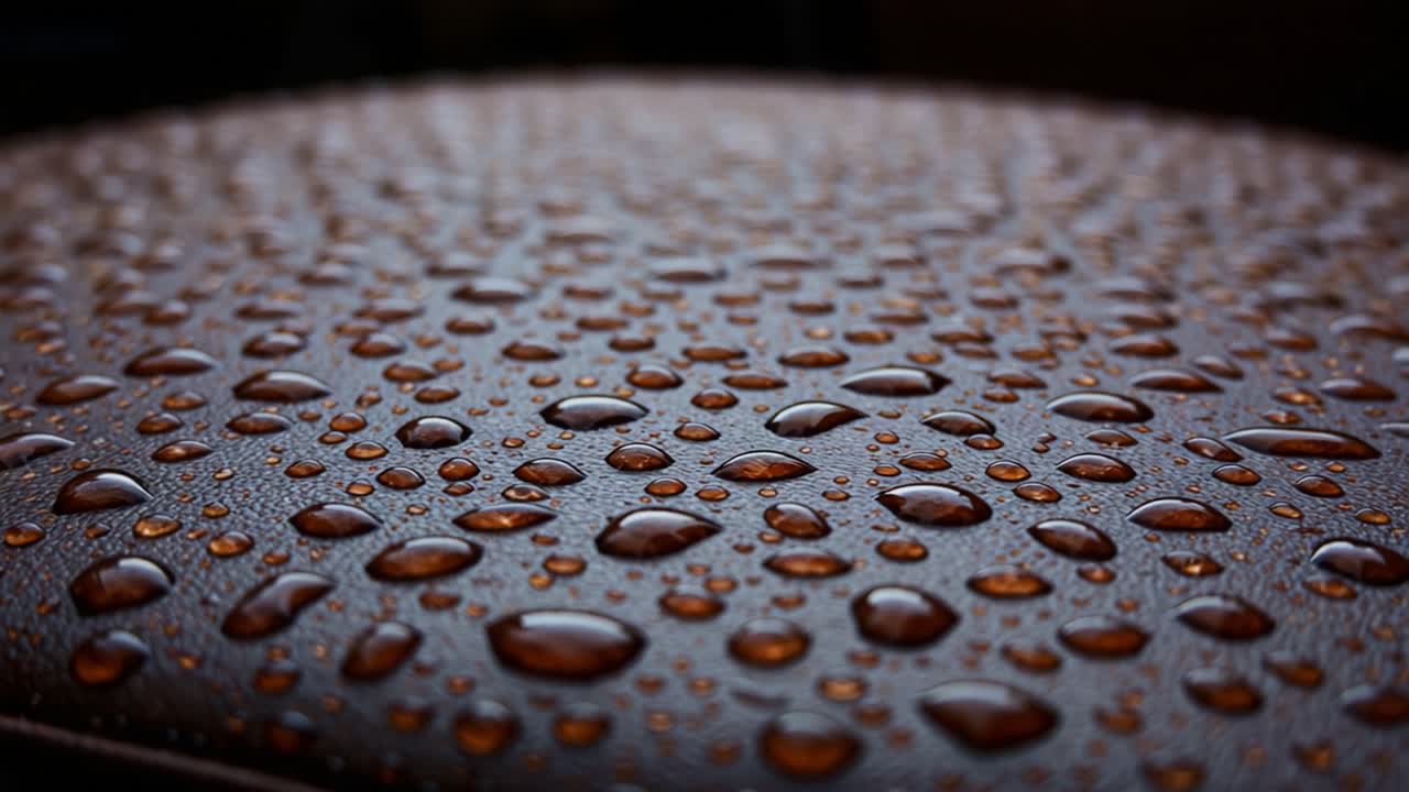 Close-Up of Water Droplets on a Brown Surface, Showcasing the Intricate Patterns and Textures Created by Rainfall Accumulating on a Smooth Material