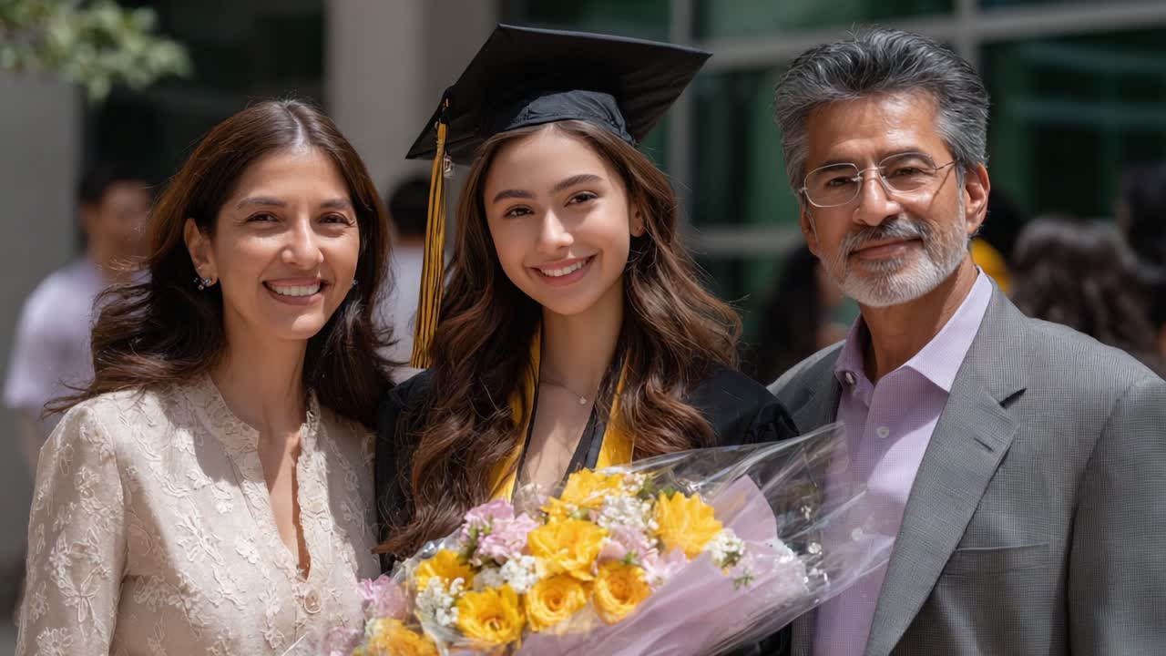 Una festa di laurea orgogliosa: sorrisi e fiori segnano la gioiosa pietra miliare per una giovane laureata circondata dai propri cari in una cerimonia di consegna dei diplomi.