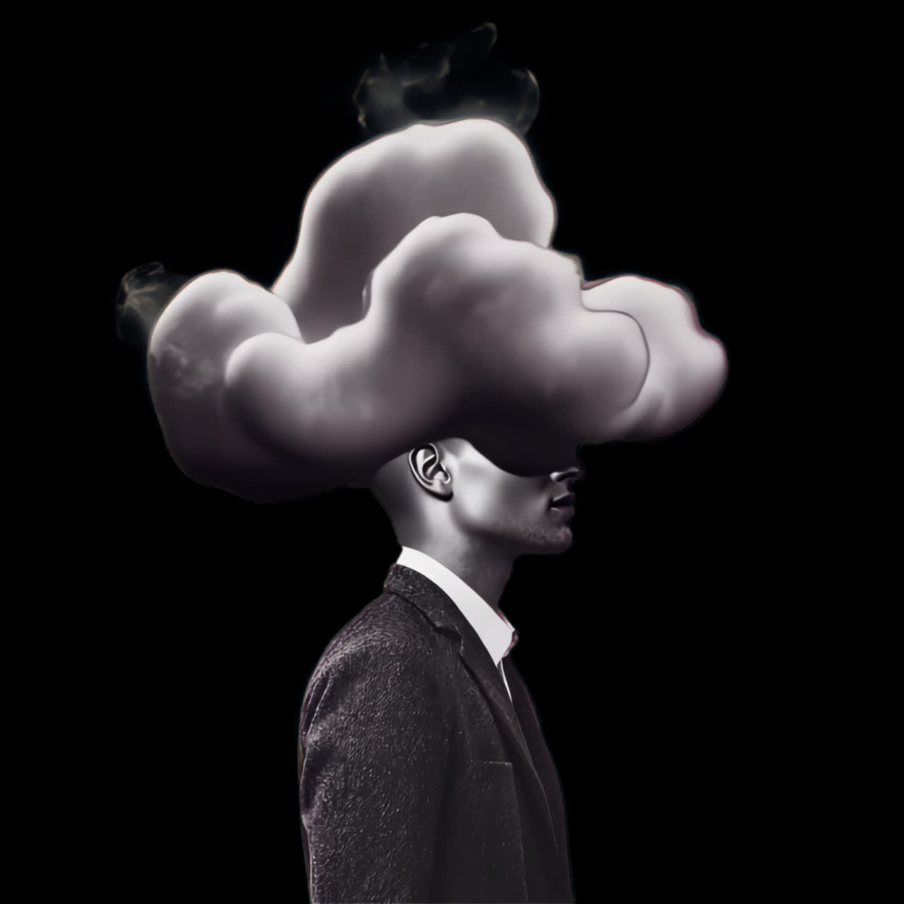 Surreal cloud-headed businessman animation isolated asset, transparent 4K video, alpha channel