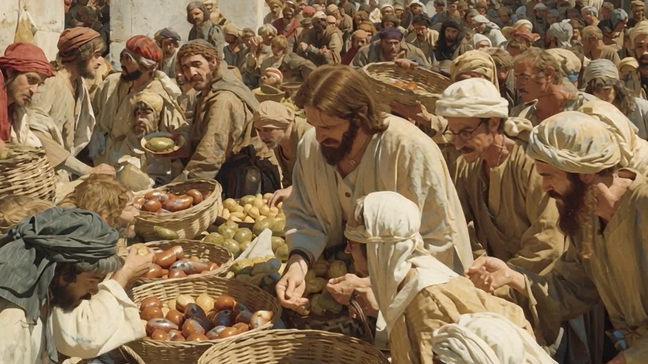 Ježíš sdílí jídlo s velkým davem v historickém prostředí