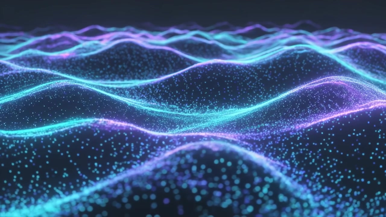 Starting particle sea making rolling ridges in dark void, pulsing neon crest lines showing waveform