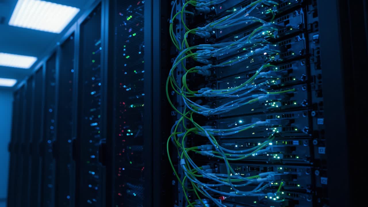 A High-Tech Data Center Featuring Server Racks with Illuminated Fiber Optic Cables and Advanced Network Infrastructure in a Dimly Lit Environment