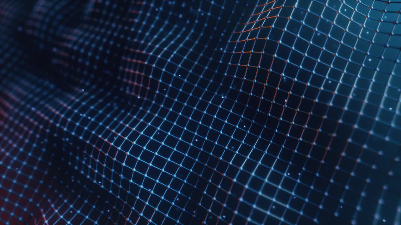 Abstract mesh with wave motion and depth of field. Connected data nodes. Artificial Intelligence. Virtual global network. Seamless loop 3d render
