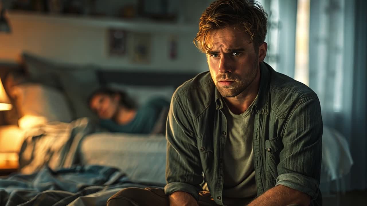 A man's quiet distress in the bedroom while his partner sleeps