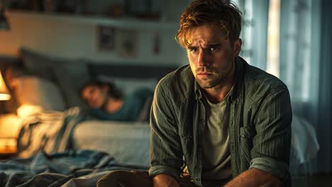 a man's quiet distress in the bedroom while his partner sleeps