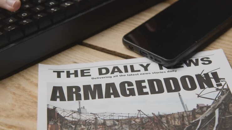 Zeitungsüberschrift über die Verwüstung durch eine Erdbebenkatastrophe auf dem Schreibtisch neben Computertastatur und Telefon 4